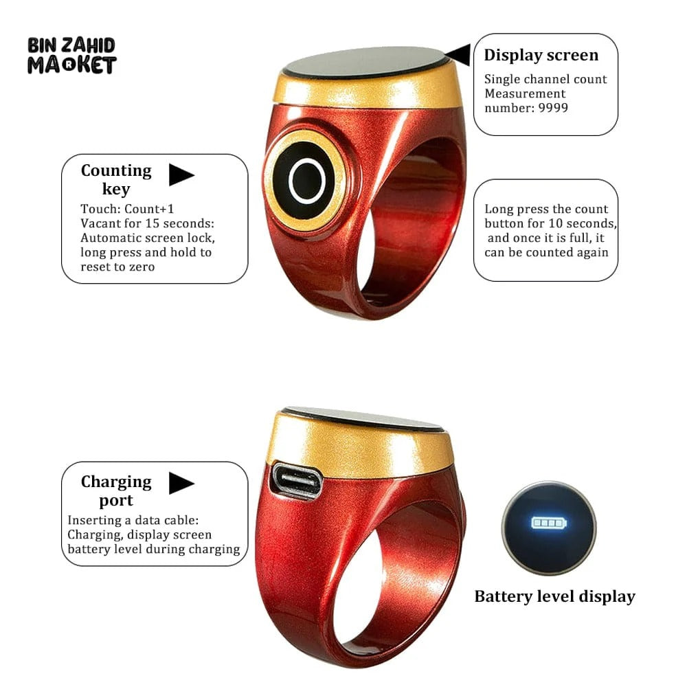 SMART WATERPROOF DIGITAL ZIKR TASBEEH RING – BLUETOOTH 5 PRAYER TIME REMINDER SMART WEARABLE COUNTER