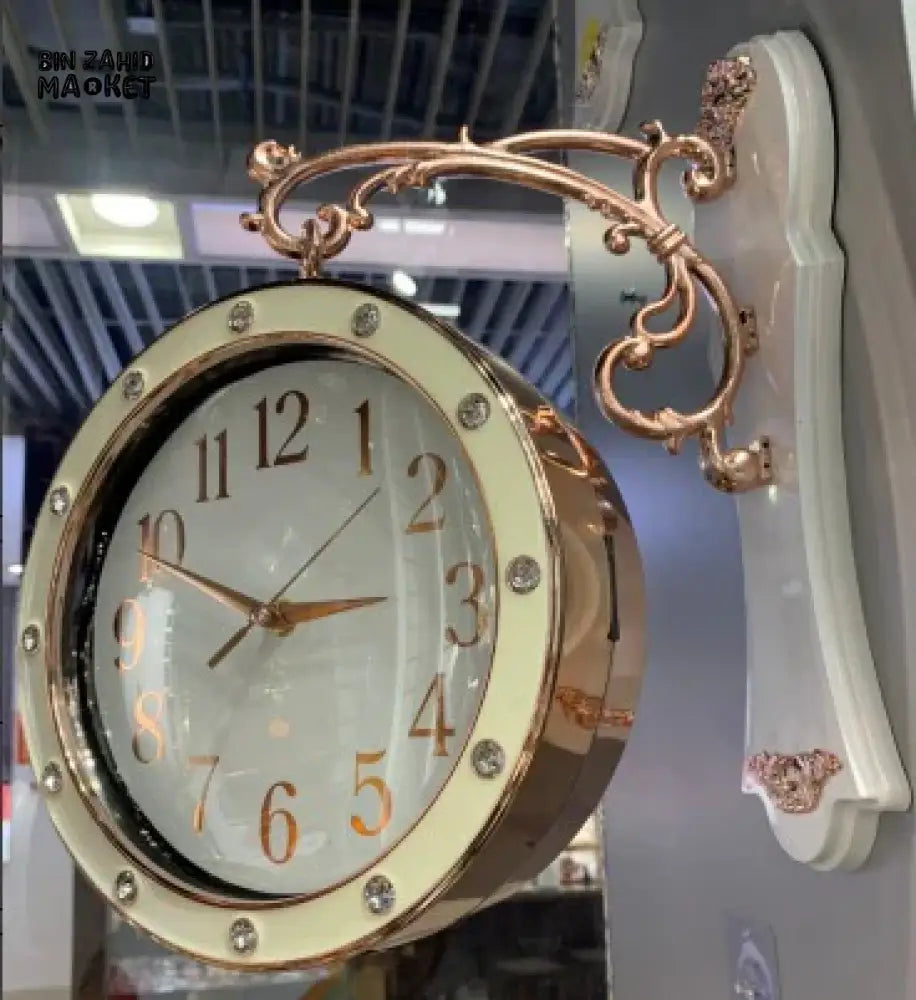 DECORATIVE GOLD WALL CLOCK SILENT DOUBLE-SIDED HOME TIMEPIECE