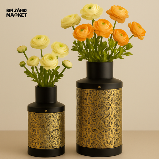 LUXURY BLACK & GOLD METAL VASE SET 2 PIECES SET – EMBOSSED GEOMETRIC DESIGN WITHOUT FLOWERS