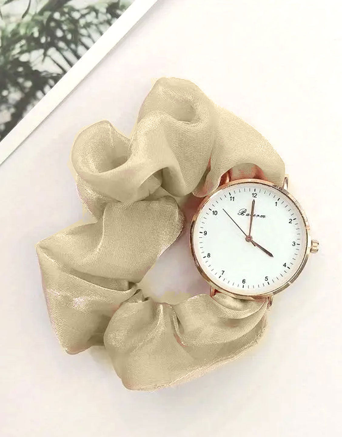 Cute Satin Hair Ring Green Strap Casual Watch for Girls