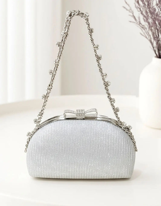 Glittering Bow Clasp Silver Clutch Bag