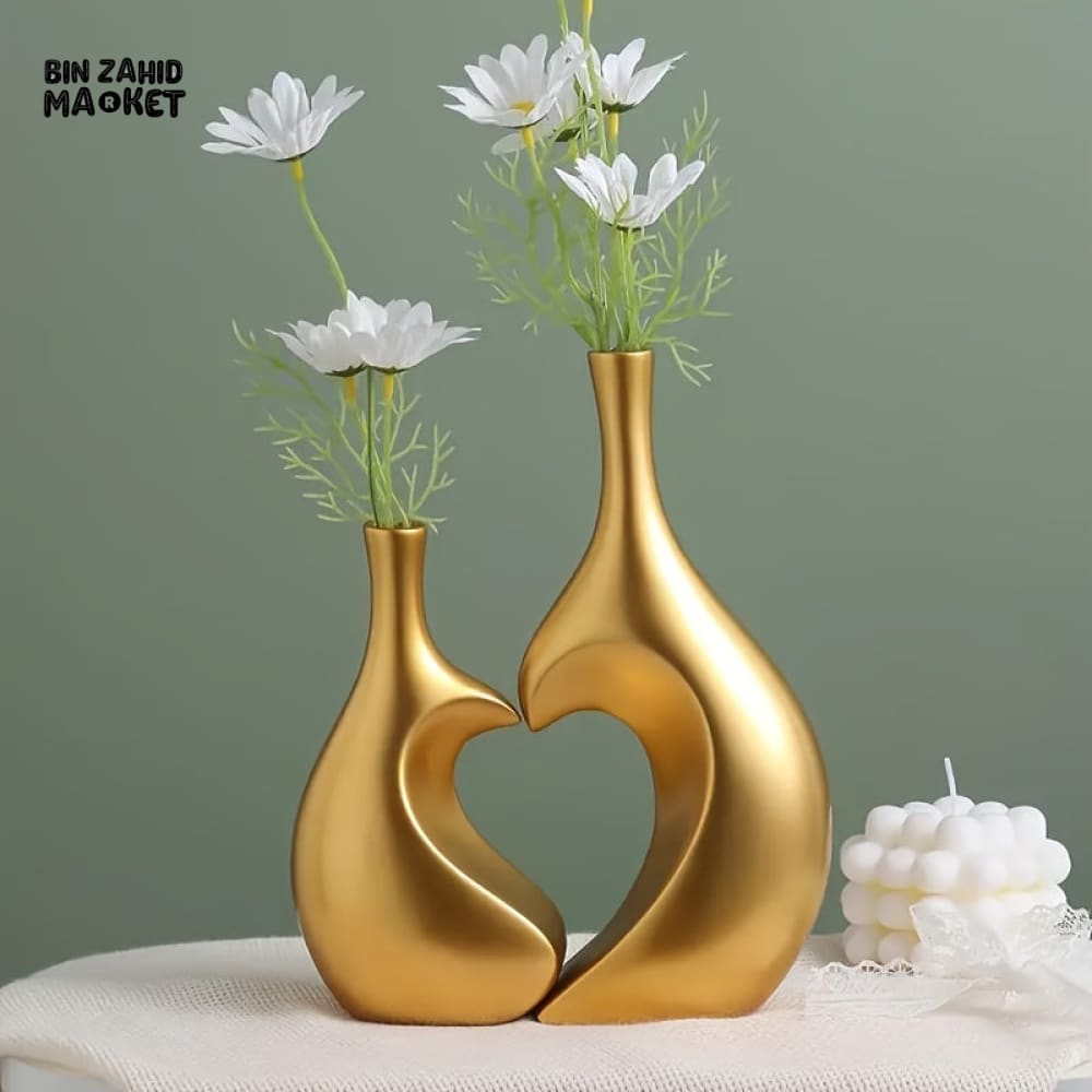 ROMANTIC HEART SHAPED CERAMIC VASE SET – LUXURY GOLDEN DECOR COUPLE FIGURINE
