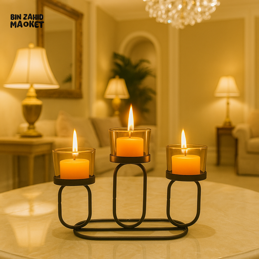 TRIPLE GLASS CANDLE HOLDER – MODERN METAL STAND FOR HOME DECOR